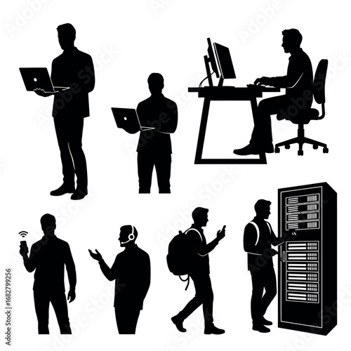 Vector illustration of set of black silhouette of people working with technology on