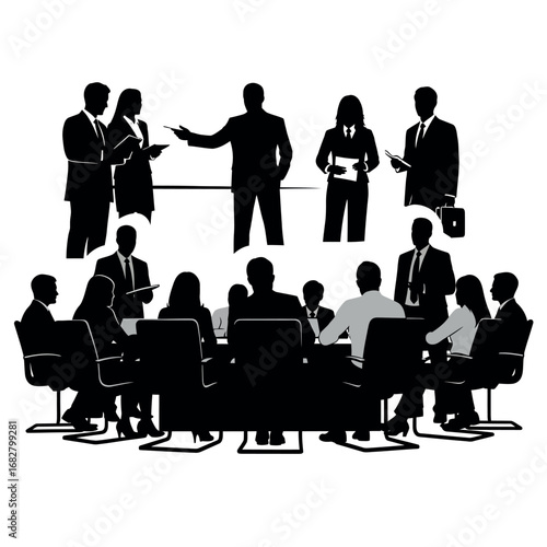 Vector illustration of business people in a meeting, silhouette style