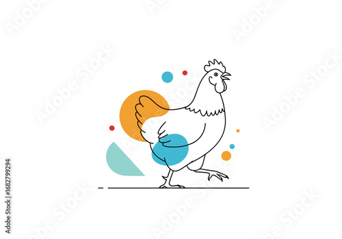 Charming line art chicken with vibrant abstract shapes creates a playful, modern farmyard aesthetic