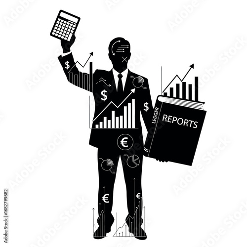 Vector illustration of silhouette of a businessman holding calculator and financial reports