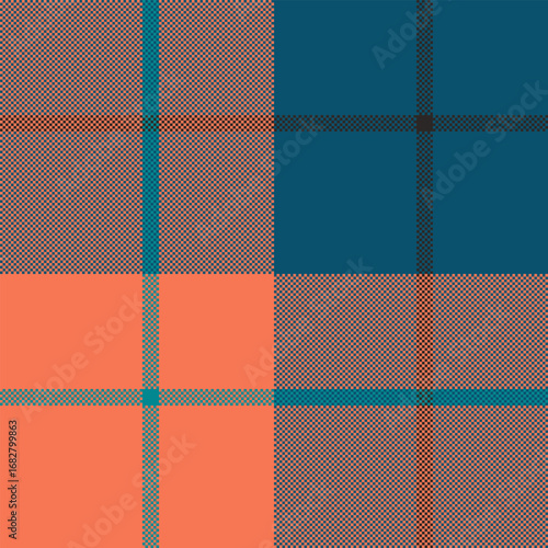 Large fabric plaid background, custom seamless textile tartan. Editable check vector texture pattern in red and cyan colors.