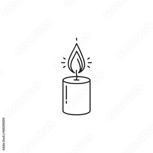 Simple line drawing of a lit candle with a flickering flame, isolated.