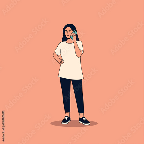 Vector illustration of young woman is talking on the phone, standing in a casual pose