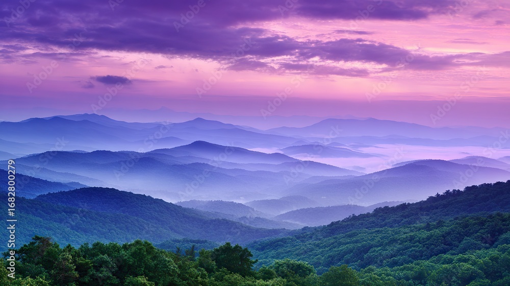 Fototapeta premium A painting of the Blue Ridge Mountains, with its pink and purple skies, is presented in a beautiful, serene, and dreamy aerial view that highlights the natural scenic charm.