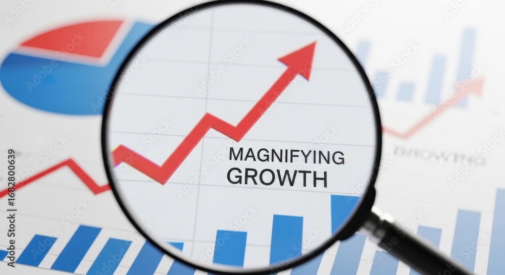 Obraz premium Magnifying glass over red arrow graph showing increasing growth and blue bar chart business finance