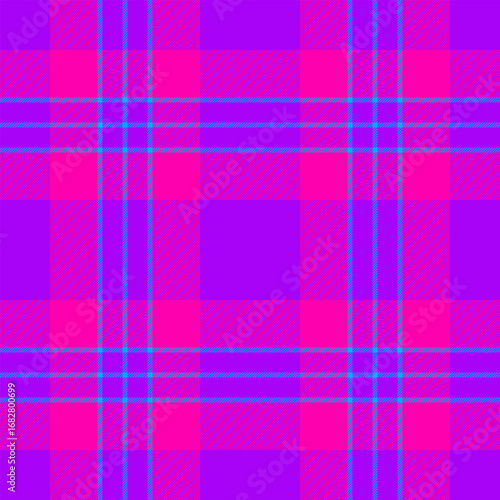 Bold, vibrant tartan pattern in magenta, purple, and cyan. Ideal for backgrounds, textiles, or modern design projects seeking a unique and eyecatching texture.