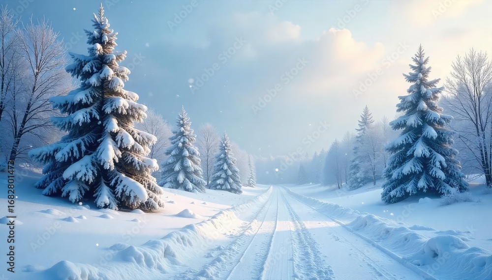 Fototapeta premium Serene Winter Landscape Softly Falling Snow Blankets a Peaceful and Idyllic Scene, Perfect for Holiday or Nature Themes