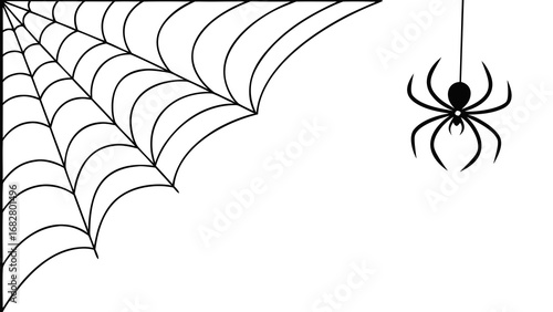 Black spider hanging on web in corner isolated on white background, simple Halloween decoration design."