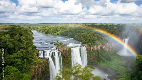 Majestic waterfalls cascading into a river, framed by lush greenery and a vibrant rainbow
