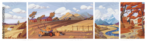 Set of countryside landscapes at autumn season. Fall nature of farm: grassland, faded trees, barnes and wheelbarrow of harvest. Rural sceneries with mountains and rivers. Flat vector illustrations