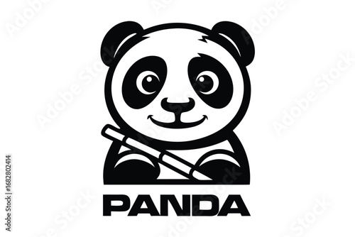 Panda Bear Holding Bamboo Stick Mascot Logo on White Background