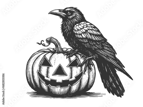 raven standing beside a carved jack-o-lantern pumpkin with bats flying in background sketch engraving generative ai vector illustration. Scratch board imitation. Black and white image.