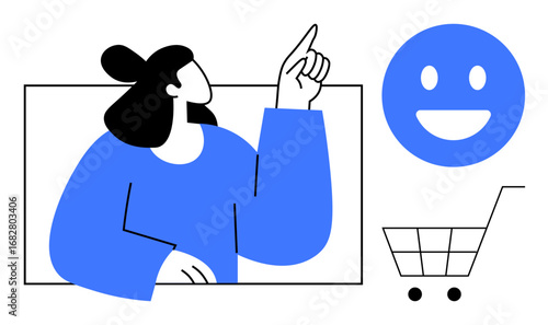 Woman gesturing upward, framed in a rectangle, alongside a blue happy face and shopping cart. Ideal for online shopping, customer experience, user satisfaction, e-commerce, marketing, customer