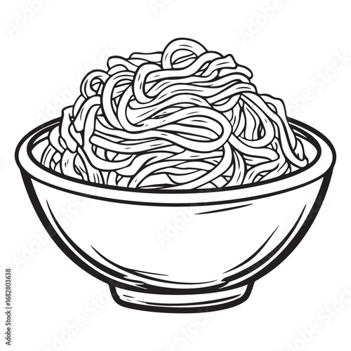 A black bowl filled with spaghetti noodles in a clean silhouette style 