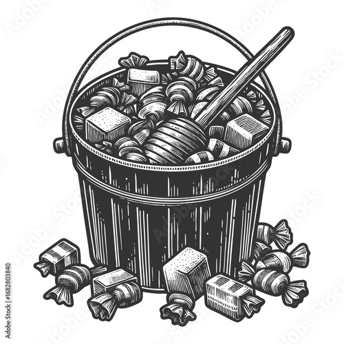 bucket filled with assorted Halloween candies and sweets, with wrapped treats and scattered pieces on the ground sketch engraving generative ai vector illustration. Scratch board. Black and white.
