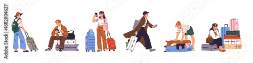 Set of tourists with suitcases. People travel with backpacks, hand luggage for journey. Men and women sit on bags, wait for flight, pack baggage. Tourism. Flat isolated vector illustrations on white