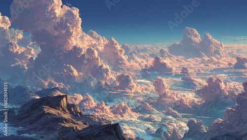 Panoramic view of towering, pastel-hued cloudscapes, with rugged, rocky mountaintops piercing the fluffy clouds.  A serene, vast landscape