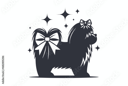 Stylish Yorkshire Terrier with Bow on White Background