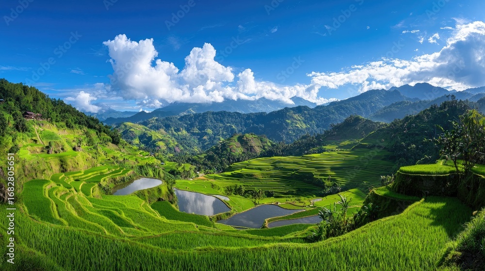 Fototapeta premium Lush Green Terraced Rice Fields Under Clear Blue Sky with Scenic Mountains in Background