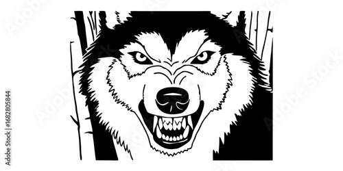 A highly detailed, realistic close-up of a snarling wolf's head. The wolf has sharp fangs, piercing eyes, and a fierce expression, showing aggression or readiness to defend. Its fur is thick and textu