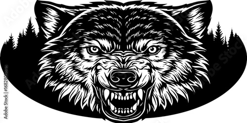 A highly detailed, realistic close-up of a snarling wolf's head. The wolf has sharp fangs, piercing eyes, and a fierce expression, showing aggression or readiness to defend. Its fur is thick and textu