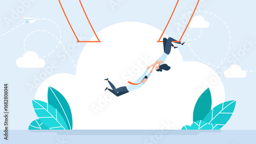 Photos Woman holding man on acrobatic trapeze