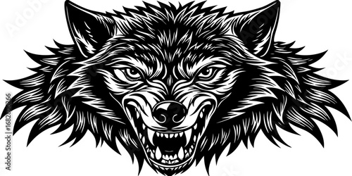 A highly detailed, realistic close-up of a snarling wolf's head. The wolf has sharp fangs, piercing eyes, and a fierce expression, showing aggression or readiness to defend. Its fur is thick and textu