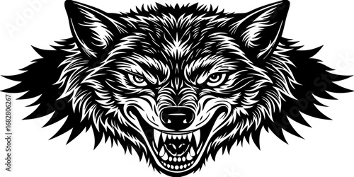 A highly detailed, realistic close-up of a snarling wolf's head. The wolf has sharp fangs, piercing eyes, and a fierce expression, showing aggression or readiness to defend. Its fur is thick and textu