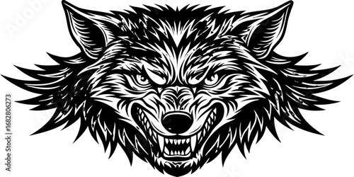 A highly detailed, realistic close-up of a snarling wolf's head. The wolf has sharp fangs, piercing eyes, and a fierce expression, showing aggression or readiness to defend. Its fur is thick and textu