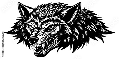 A highly detailed, realistic close-up of a snarling wolf's head. The wolf has sharp fangs, piercing eyes, and a fierce expression, showing aggression or readiness to defend. Its fur is thick and textu
