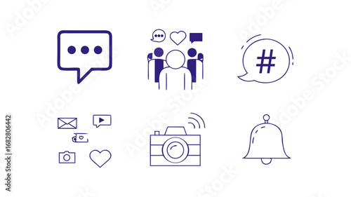 Social media icons set including chat, hashtag, notifications, likes, camera, and community symbols in outline style.