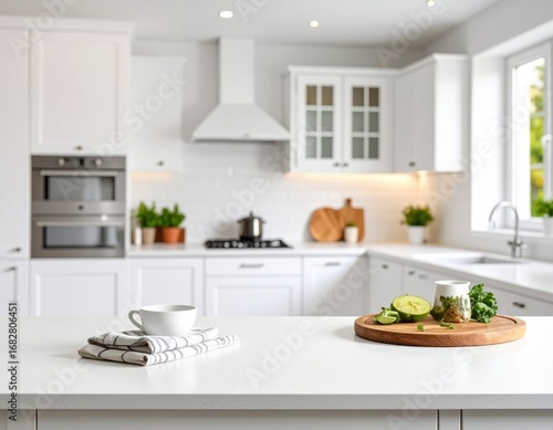 Clean blurred white kitchen background with empty space 