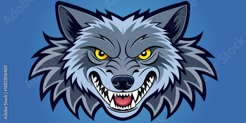 A highly detailed, realistic close-up of a snarling wolf's head. The wolf has sharp fangs, piercing eyes, and a fierce expression, showing aggression or readiness to defend. Its fur is thick and textu
