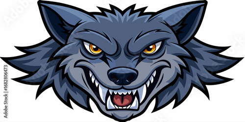 A highly detailed, realistic close-up of a snarling wolf's head. The wolf has sharp fangs, piercing eyes, and a fierce expression, showing aggression or readiness to defend. Its fur is thick and textu