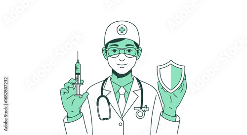 A dedicated medical professional, wearing a white coat, confidently presents a syringe and a protective shield, symbolizing vital vaccination and robust immunity against diseases.