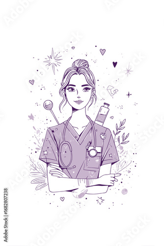 A confident female nurse stands with her arms crossed, wearing scrubs and a stethoscope. Surrounding her are various medical symbols like syringes and hearts, creating an energetic atmosphere.
