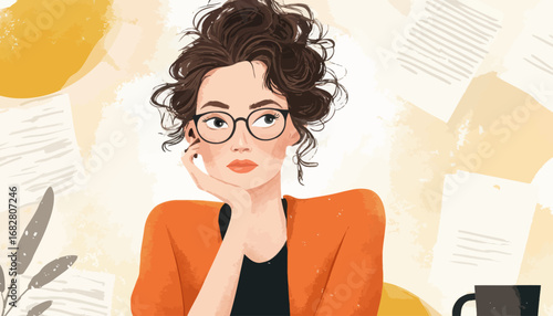 Close-up of a fashionable woman wearing an orange outfit with long, flowing hair, exuding confidence in a modern workspace with a minimalist design.