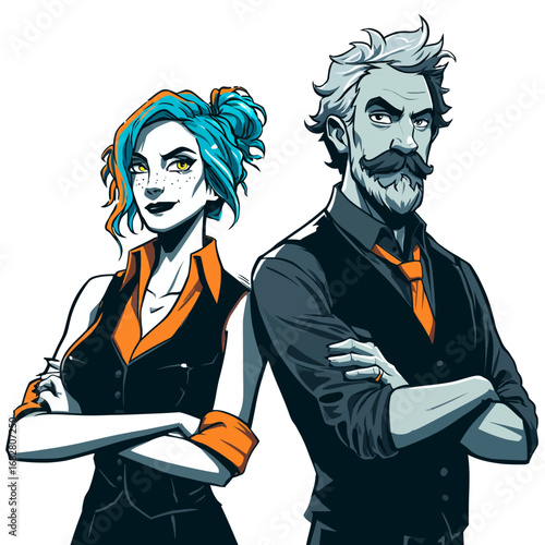 Two individuals stand confidently back-to-back, showcasing unique hairstyles and fashion. The woman has vibrant blue hair, while the man sports a distinguished mustache.