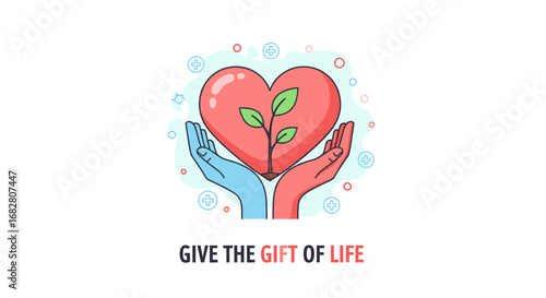 This vibrant vector illustration depicts two hands gently cradling a heart with a flourishing plant, symbolizing the profound act of giving life through organ or blood donation and fostering health