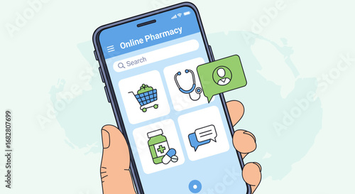 This illustration depicts a hand holding a smartphone with an online pharmacy app, providing seamless access to medication and virtual medical consultations.