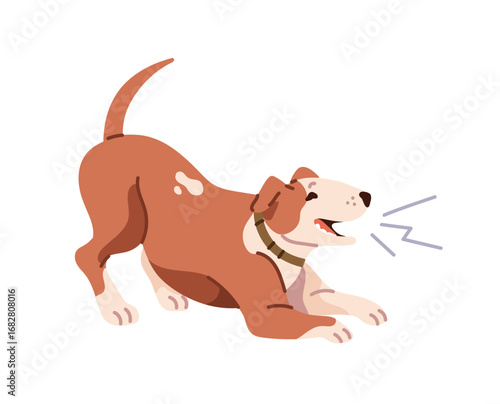 Cute joyful dog is playing and barking. Happy puppy of bull terrier has fun, wagging tail and woofing. Obedient pet follows command Speak. Flat isolated vector illustration on white background