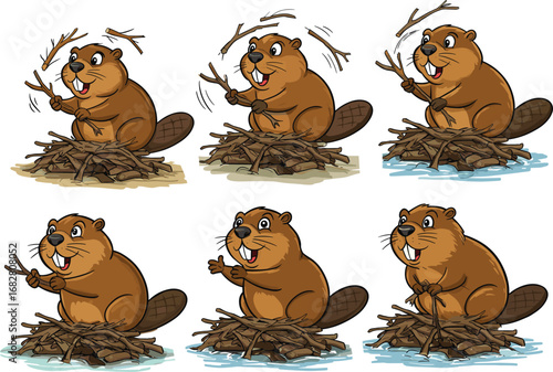 Cartoon beaver illustration set, playful dam builder, forest animal with sticks, expressive poses, nature themed character art, stock image