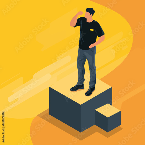 A young man stands proudly on a pedestal, flexing his muscle as a symbol of accomplishment. The bright yellow background emphasizes his confidence and triumphant spirit.