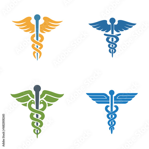 Illustration showcases four distinct caduceus symbols in various vibrant colors, including yellow, blue, and green, highlighting the themes of healthcare and medicine.