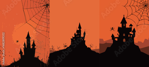 This artwork features a silhouette of a haunted castle positioned on a hill, set against a vibrant orange sunset. Spider webs and spiders add to the eerie atmosphere, enhancing the Halloween theme.