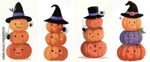 Colorful stacked pumpkins with playful expressions and decorative hats are displayed in a festive arrangement, capturing the spirit of Halloween fun.