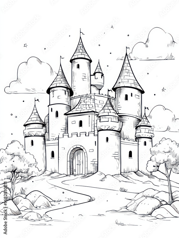 Fototapeta premium Castle in the Clouds: A classic fairytale castle sketched on a serene, artistic cloud backdrop, with detailed towers, battlements, and a winding path evoking dreams of fantasy and wonder.