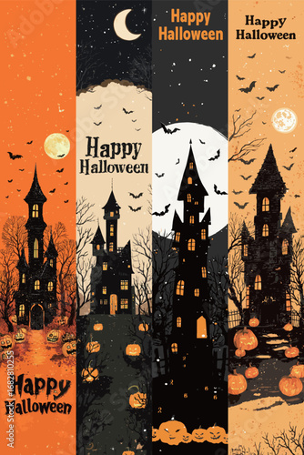 Dark, eerie silhouettes of haunted castles rise against a backdrop of glowing pumpkins. Bats fly across the sky while festive messages celebrate Halloween.