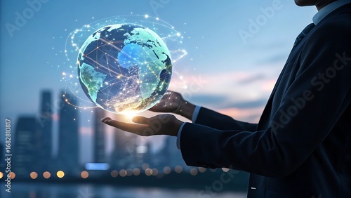 Businessman Holding Glowing Earth Globe with Network Connections