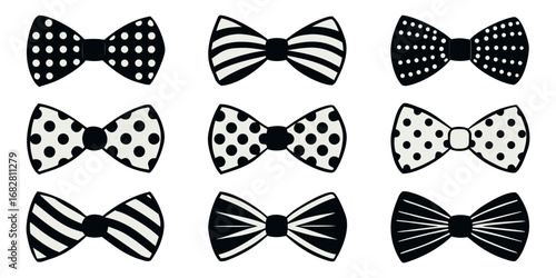 A collection of nine black and white bow ties arranged in a 3x3 grid on a white background. Each bow tie has a unique pattern or design solid black, diagonal stripes, vertical stripes, polka dots, abs